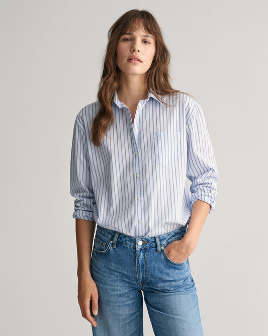 Women's Relaxed Fit Striped Poplin Shirt - COLLEGE BLUE