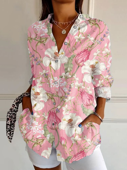 Women'S Elegant Lily Rose  Art Print Casual Linen V-Neck Shirt