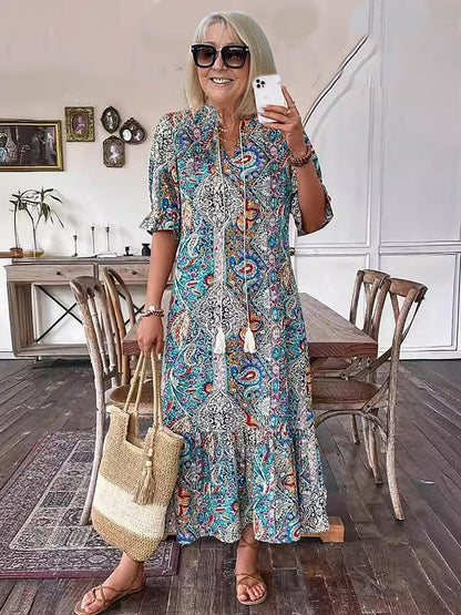 Paisley Bohemian Long Length Vintage Print Tassel Tie Neck Tunic Dress - Elegant Vacation Style with Drawstring, Ruffle Hem, and Random Printing