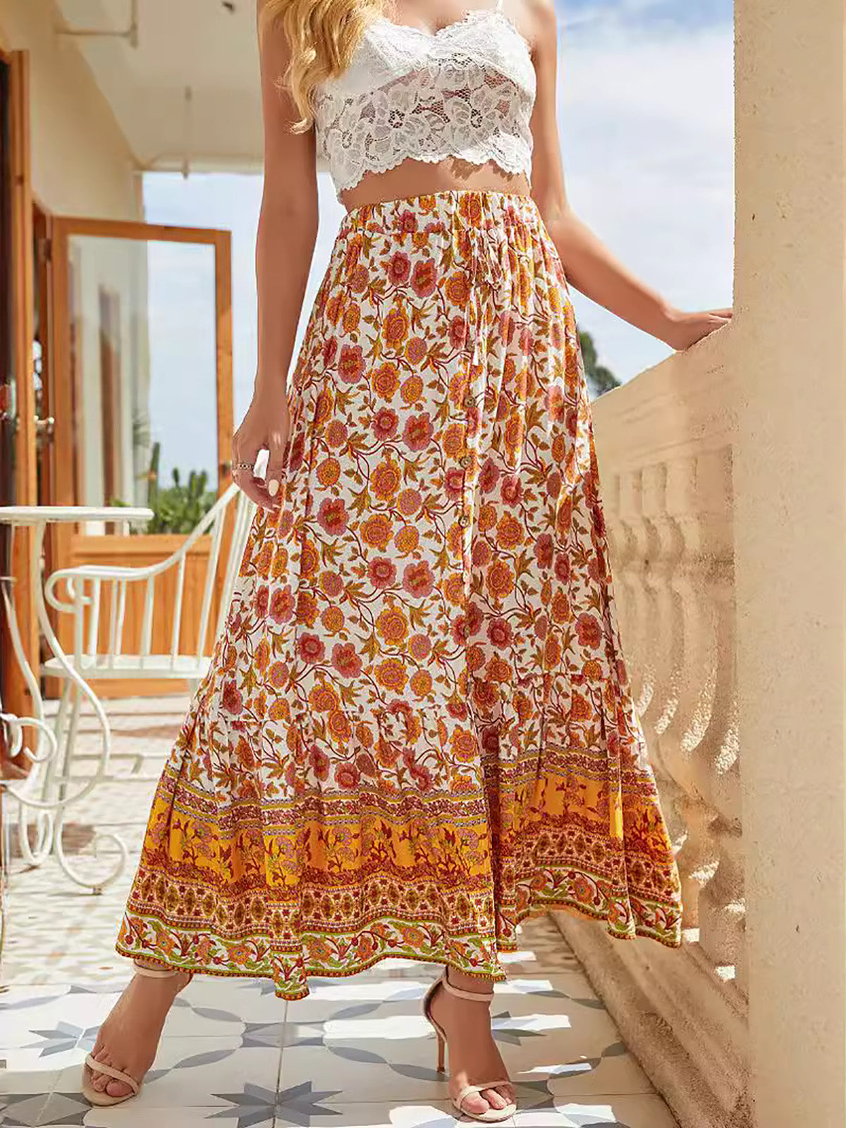 Women's Summer 2025 Boho Floral Elastic High Waist Midi Skirts