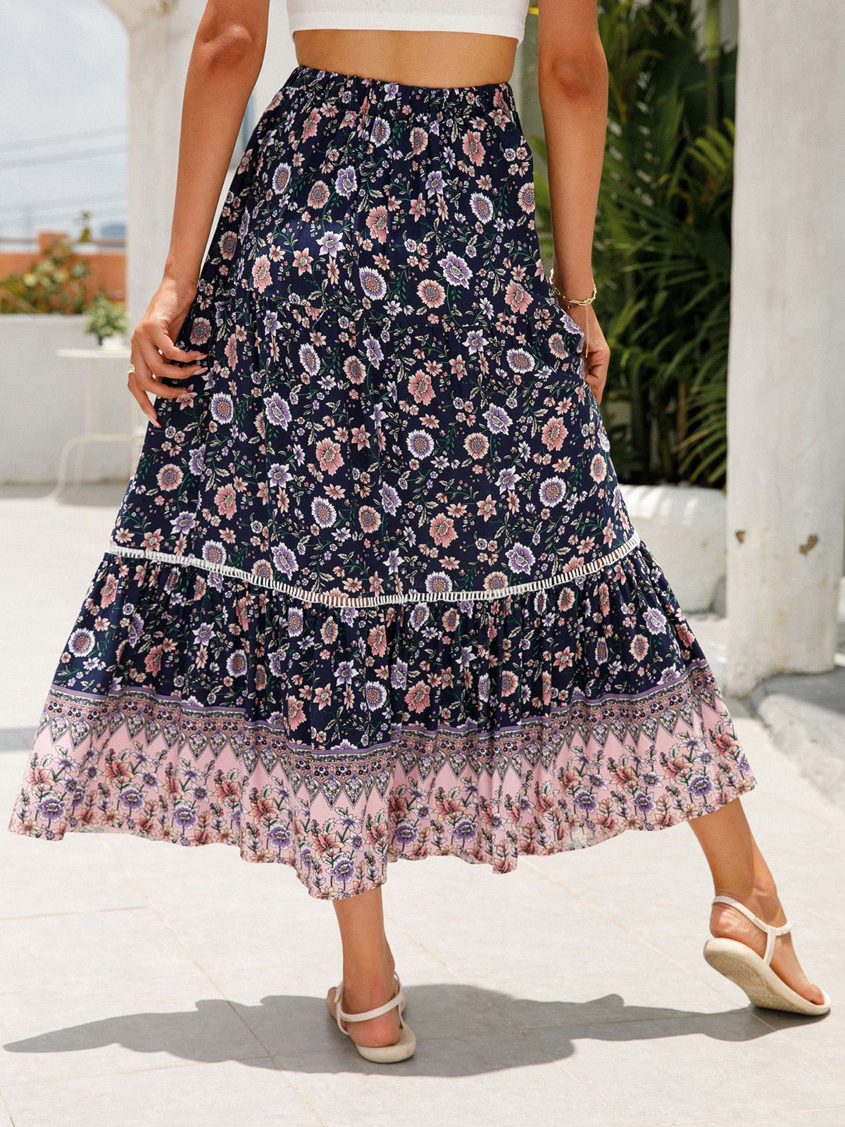 Women's Summer Boho Floral Elastic High Waist Beach Skirts