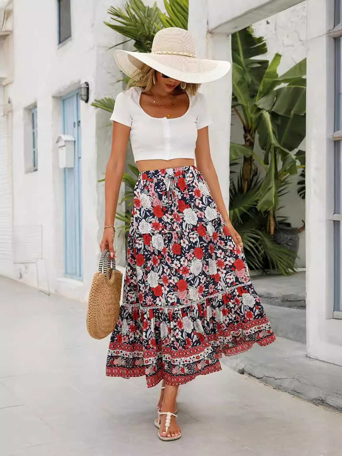 Women's Summer Boho Floral Elastic High Waist Beach Skirts