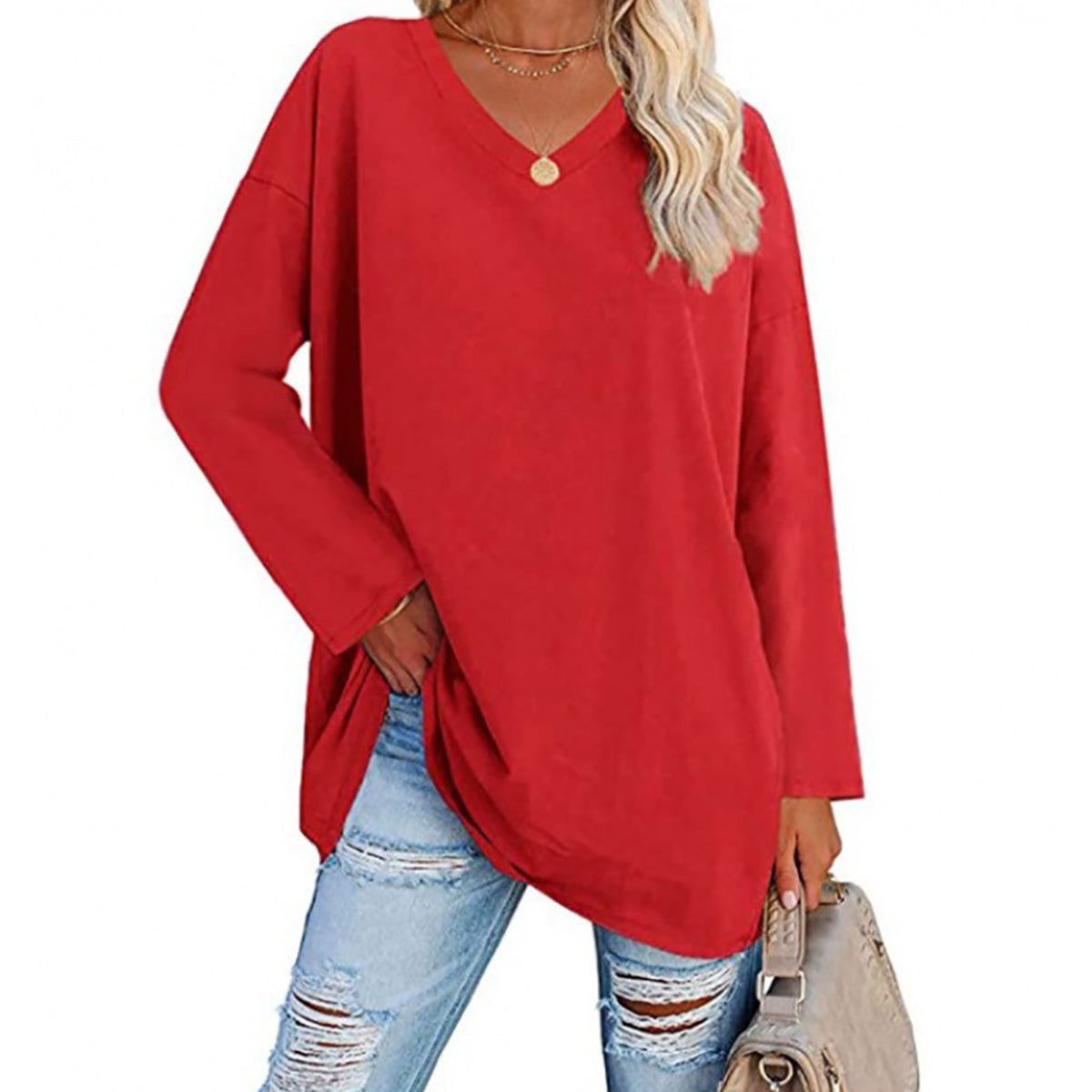 🔥Up to 69% OFF Today🔥Women Fall/Winter 2025 Oversized Tops Long Sleeve Casual V-neck Loose T-shirts