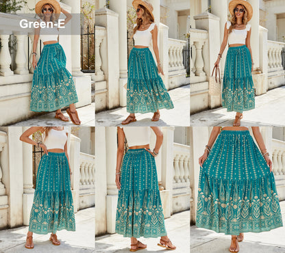 Women's Summer 2025 Boho Floral High Waist Midi Skirts