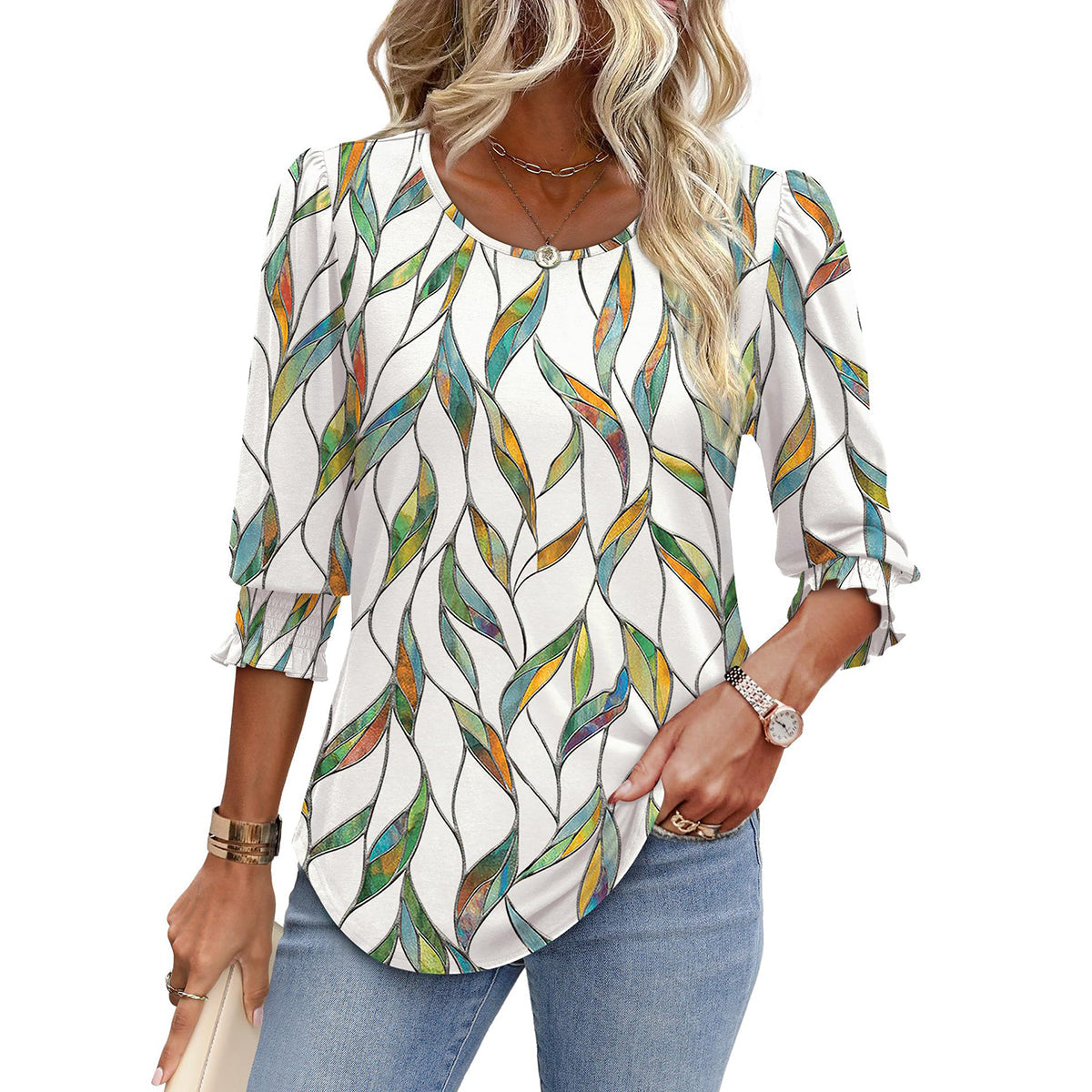🥳Women Summer Printed Tops Elbow Sleeve Loose Fit Tee
