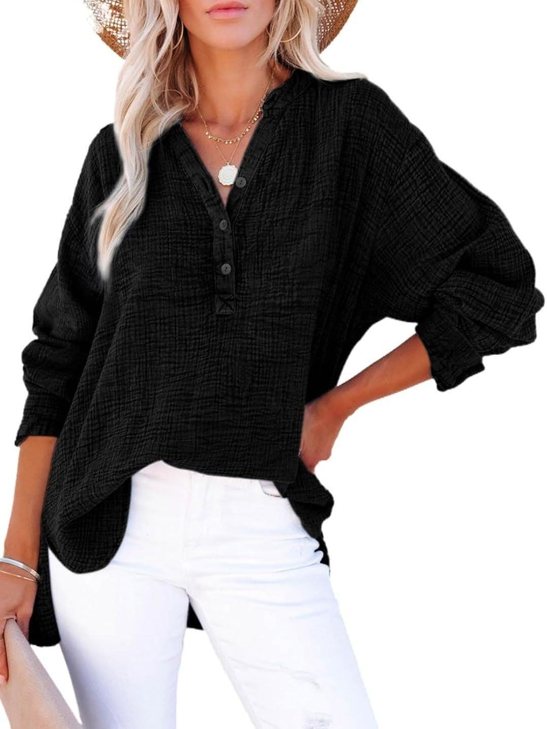 🔥Best-1 Tops 2025🔥Women Casual Button V Neck Long Sleeve Shirts Oversized Solid Blouses Tops