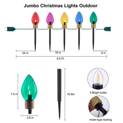 🎄Chikalabs Christmas Jumbo C9 Garden Pathway Lights with C7 LED on Green Wire, Multicolor