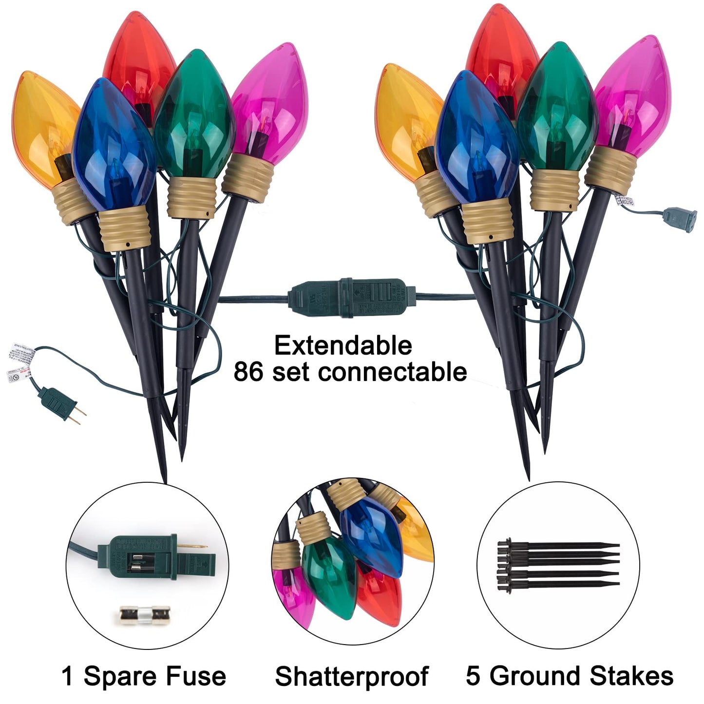 🎄Chikalabs Christmas Jumbo C9 Garden Pathway Lights with C7 LED on Green Wire, Multicolor