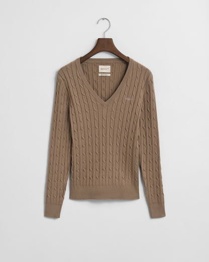 Stretch Cotton Cable Knit V-Neck Sweater