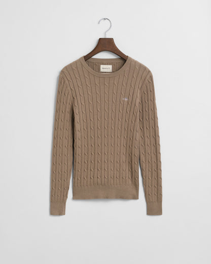 Stretch Cotton Cable Knit Crew Neck Sweater