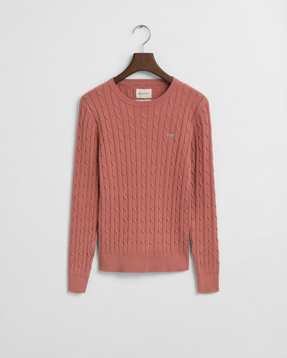 Stretch Cotton Cable Knit Crew Neck Sweater