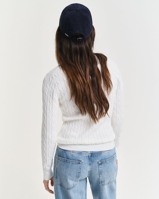 Stretch Cotton Cable Knit Crew Neck Sweater