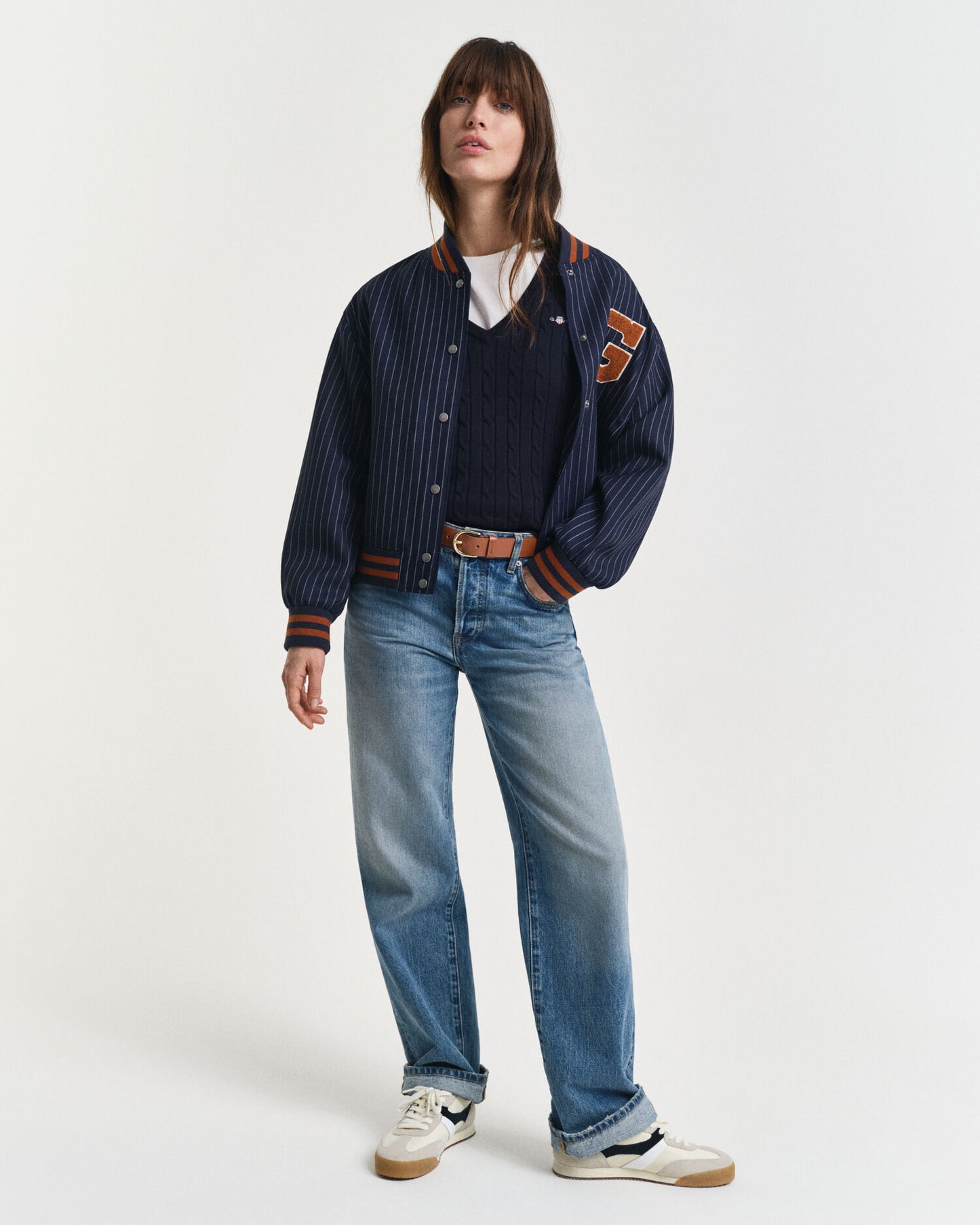 Stretch Cotton Cable Knit V-Neck Sweater