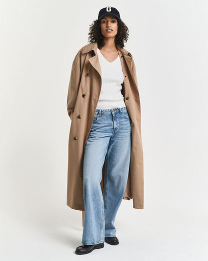 Stretch Cotton Cable Knit V-Neck Sweater