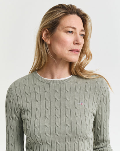 Stretch Cotton Cable Knit Crew Neck Sweater