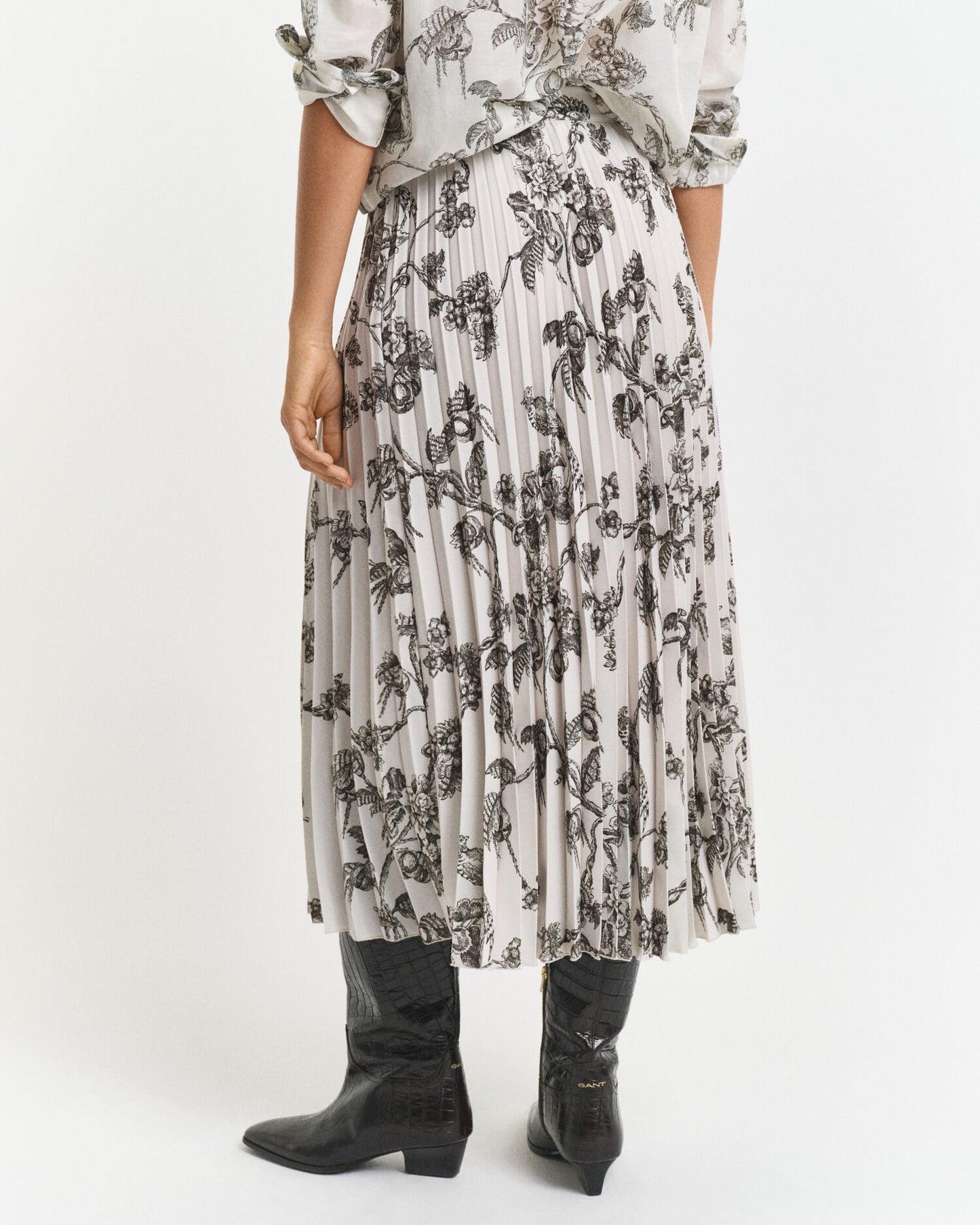 Pleated Tree Printed Midi Skirt