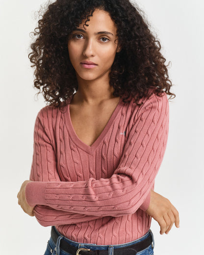 Stretch Cotton Cable Knit V-Neck Sweater
