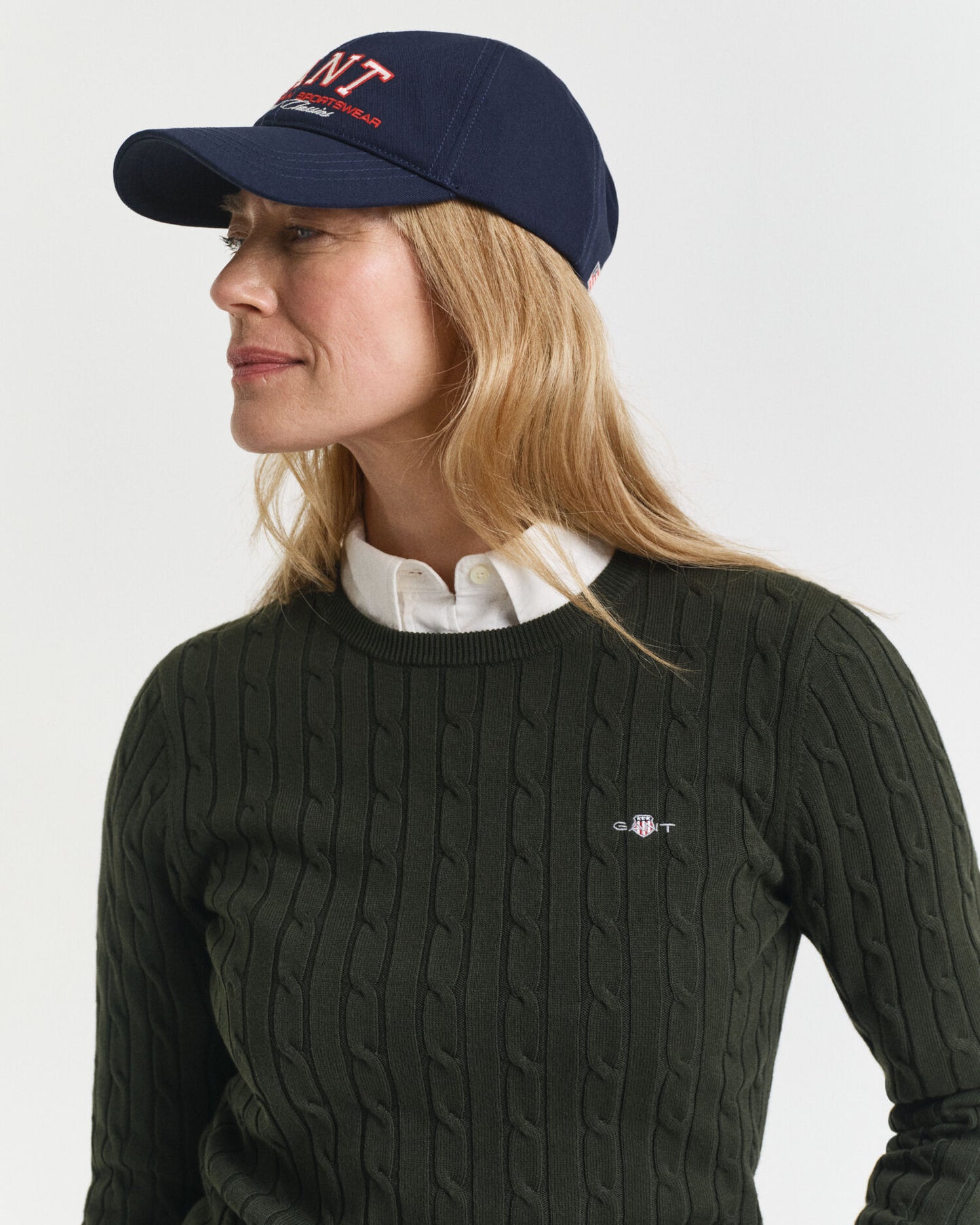 Stretch Cotton Cable Knit Crew Neck Sweater