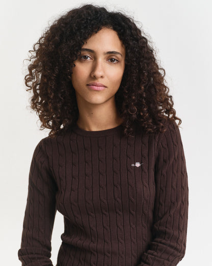 Stretch Cotton Cable Knit Crew Neck Sweater