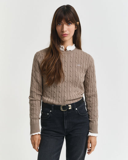 Stretch Cotton Cable Knit Crew Neck Sweater