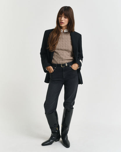 Stretch Cotton Cable Knit Crew Neck Sweater