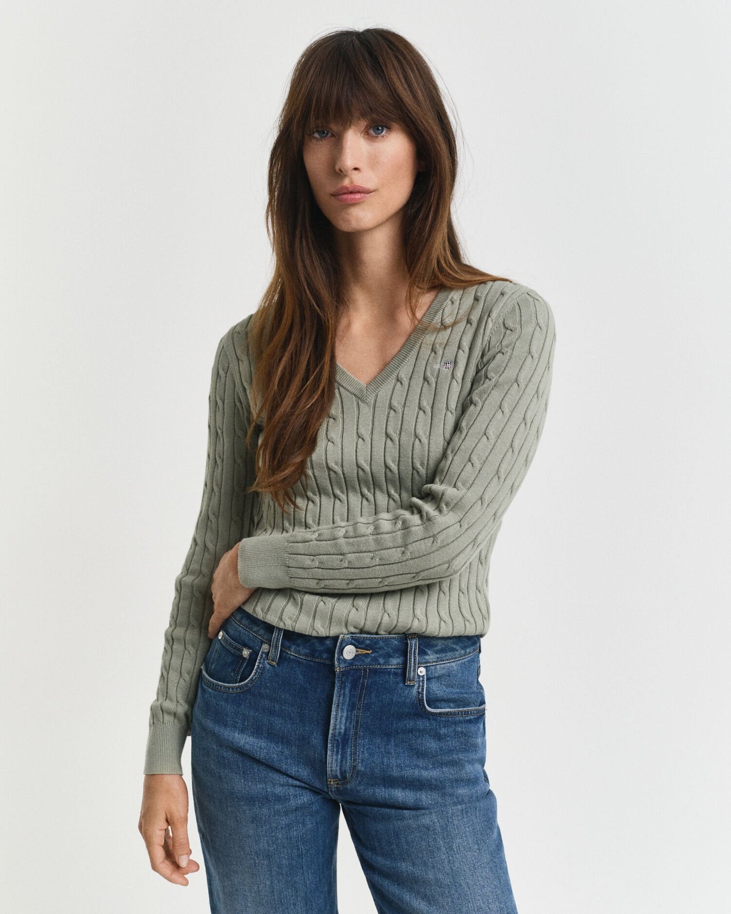 Stretch Cotton Cable Knit V-Neck Sweater