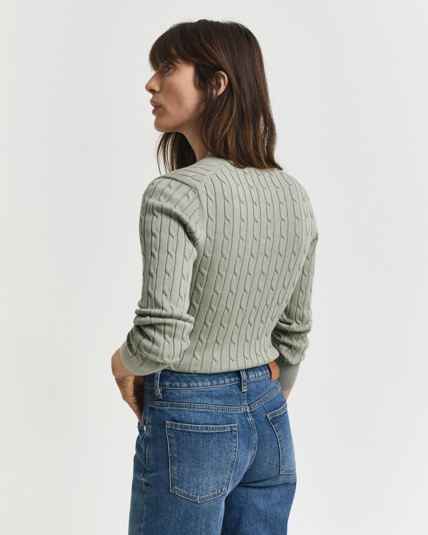 Stretch Cotton Cable Knit V-Neck Sweater