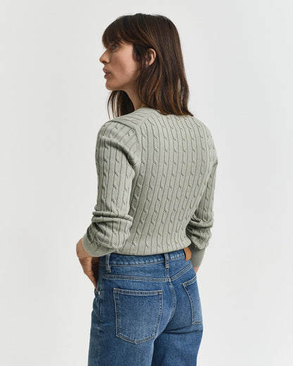 Stretch Cotton Cable Knit V-Neck Sweater