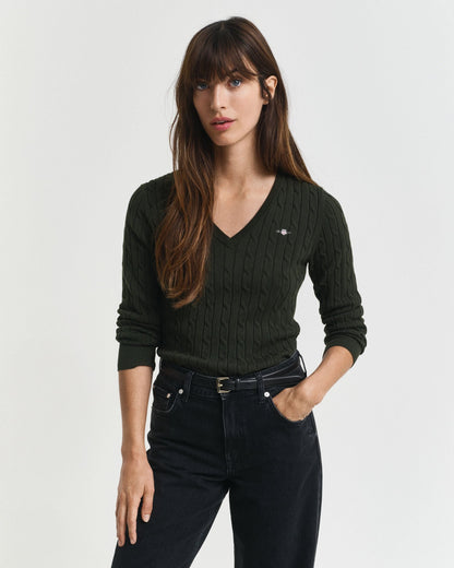 Stretch Cotton Cable Knit V-Neck Sweater