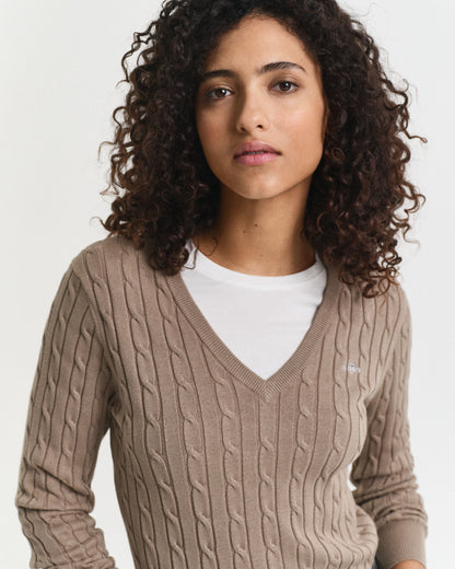 Stretch Cotton Cable Knit V-Neck Sweater