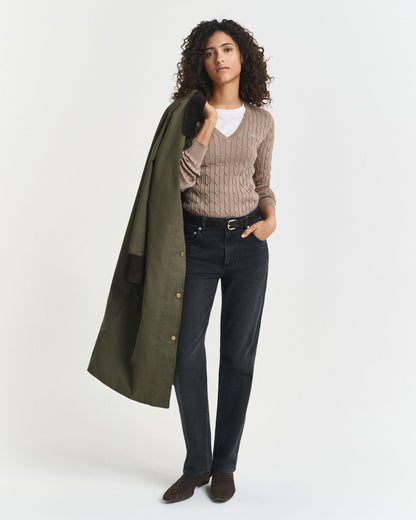 Stretch Cotton Cable Knit V-Neck Sweater