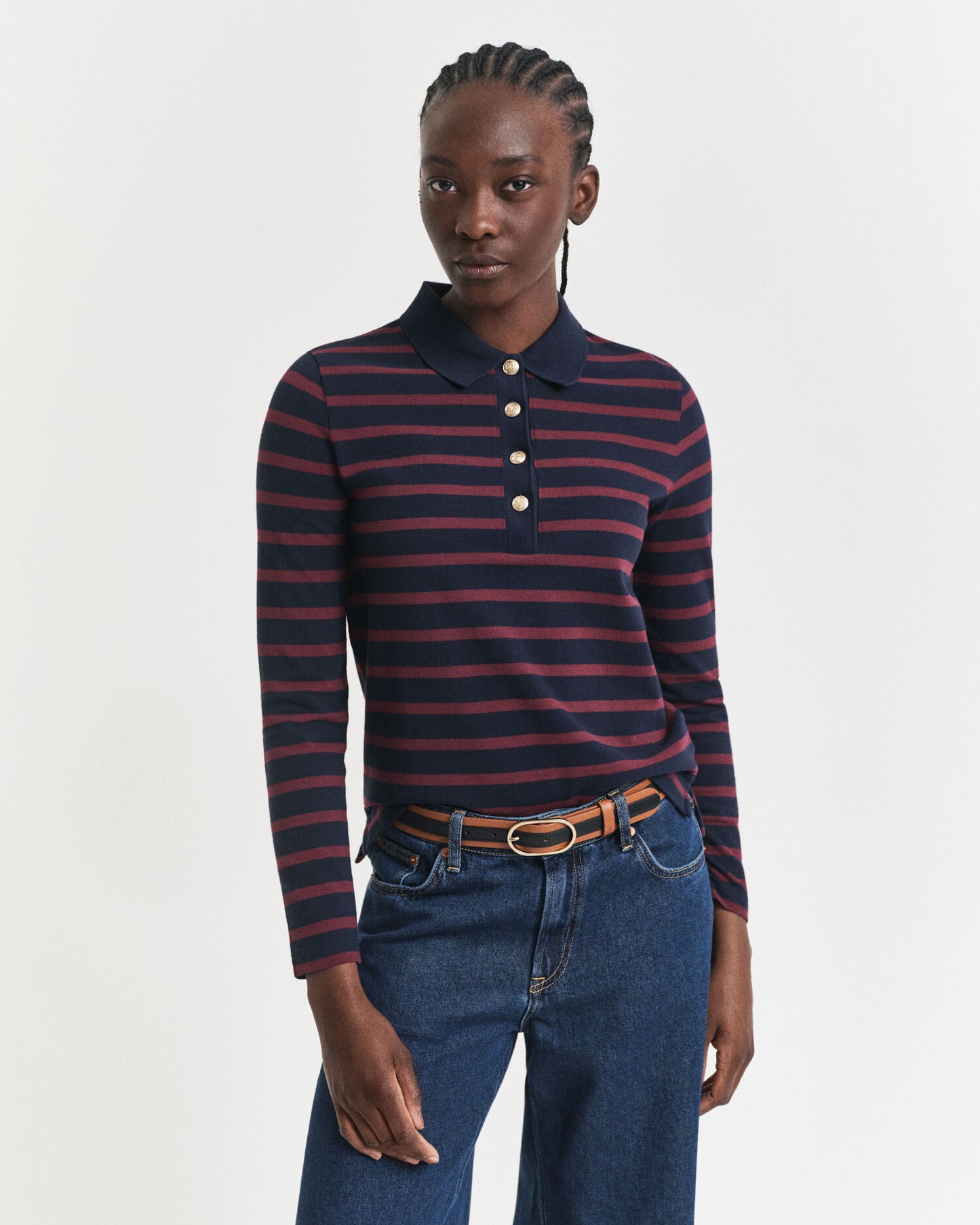 Breton Striped Long Sleeve Piqué Polo Shirt