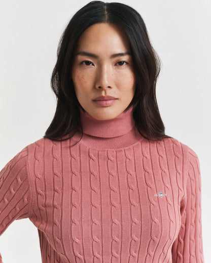 Stretch Cotton Cable Knit Turtleneck Sweater