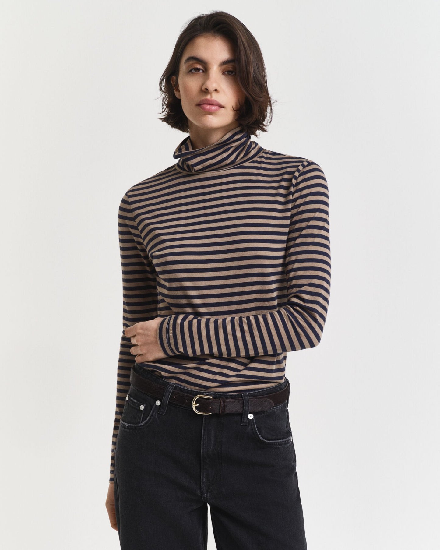 Lightweight Striped Cotton Turtleneck Top