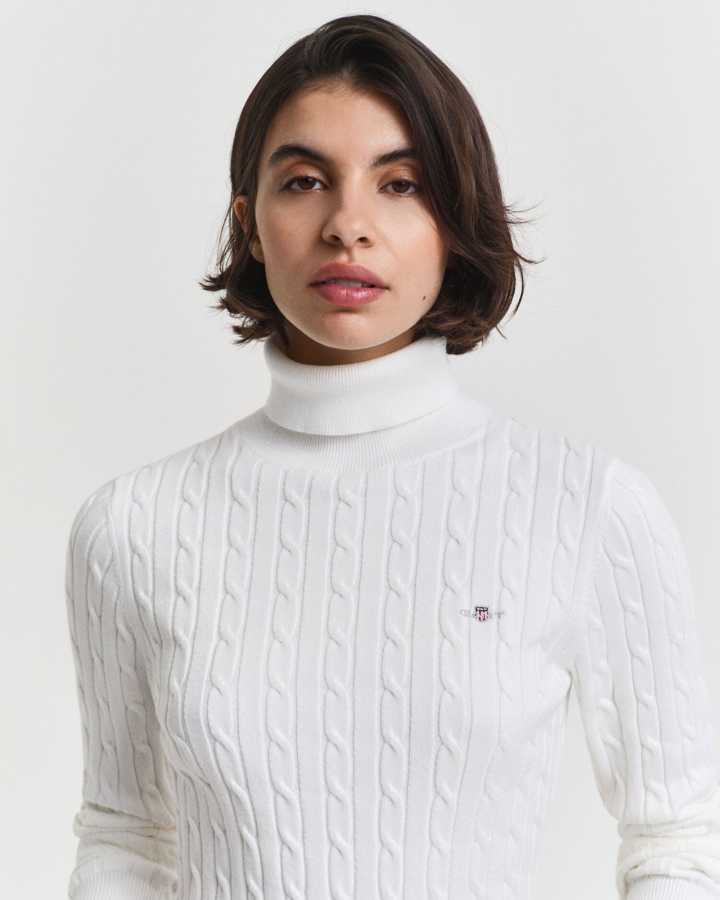 Stretch Cotton Cable Knit Turtleneck Sweater