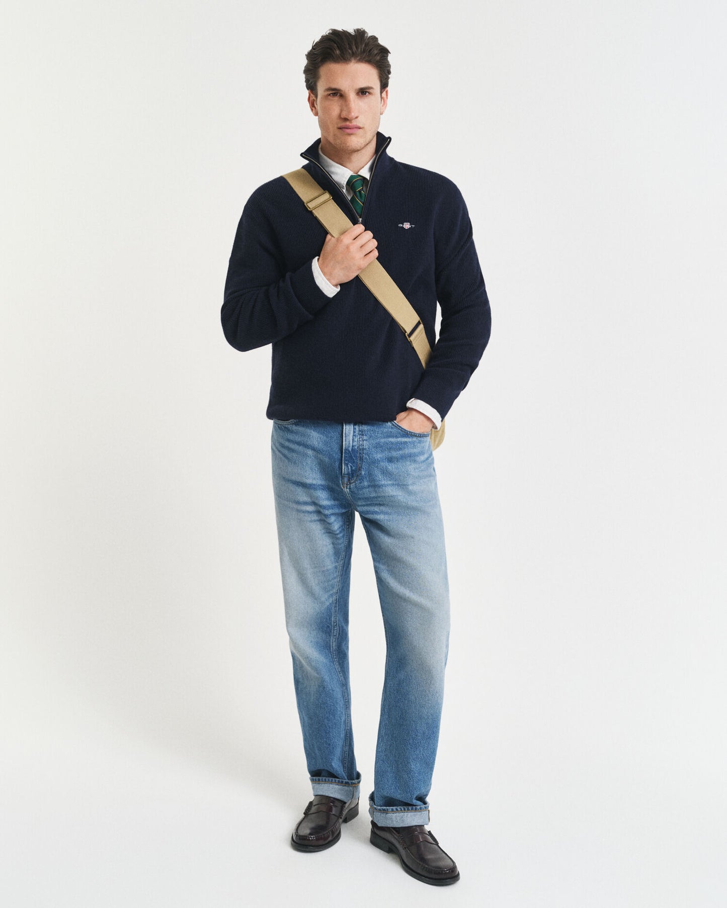 Ribbed Cotton Merino Wool Half-Zip Sweater